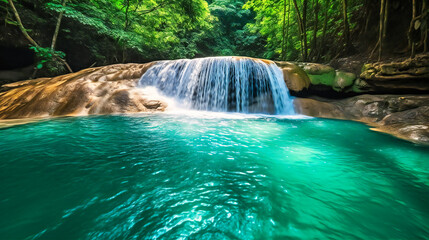 A rushing waterfall cascading into a deep emerald-green pool under the bright sun