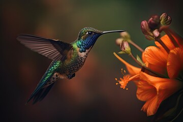 Obraz premium Humming bird hovering over pollen filled orange flowers. Generative AI