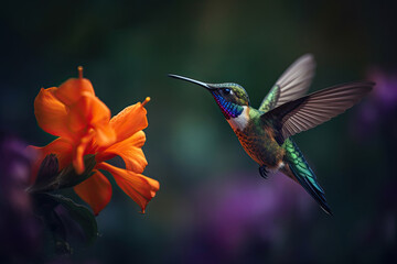 Fototapeta na wymiar Humming bird hovering over pollen filled orange flowers. Generative AI