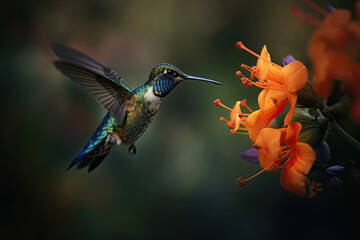 Humming bird hovering over pollen filled orange flowers. Generative AI
