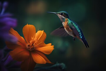 Fototapeta premium Humming bird hovering over pollen filled orange flowers. Generative AI