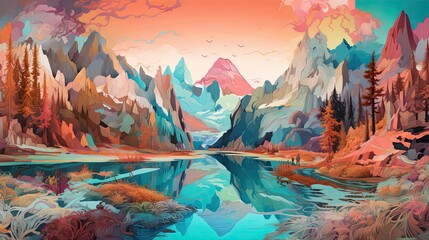 Fototapeta na wymiar Colored illustration of a natural landscape mountains and a lake in the summer. Generative AI.