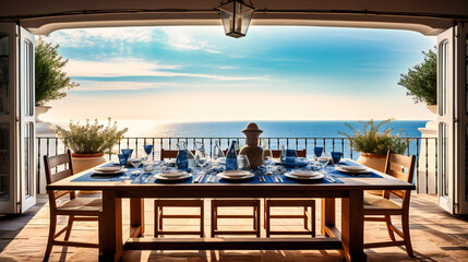 An exquisite image of a sunlit terrace dining area, exuding sophistication and refinement with breathtaking sea views