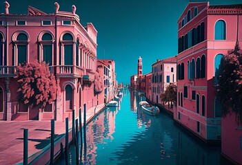 Canal in the City of Venice, Italy with Bright Blue Sky. Pink Buildings along the the river channel leading up to the sea. Generative Ai Illustration