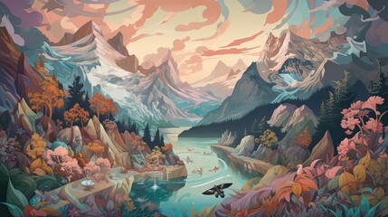 Illustration of a natural landscape mountains and a river in the summer. Generative AI.