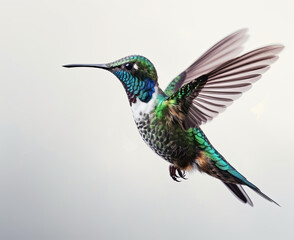 Fototapeta premium Humming bird hovering isolated on a white background. Generative AI