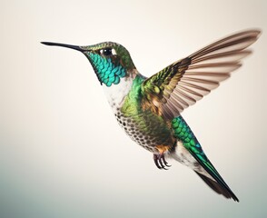 Fototapeta premium Humming bird hovering isolated on a white background. Generative AI
