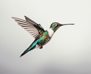Fototapeta premium Humming bird hovering isolated on a white background. Generative AI
