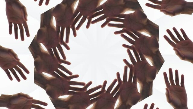 A kaleidoscope of raised male hands that form a circle on a white background. Cg