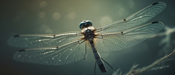 Close-up view of the delicate and intricate textures on the wings of a dragonfly. Generative AI