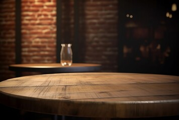 Wooden table in a bar. Studio lighting, shadow and light. Created using generative AI.
