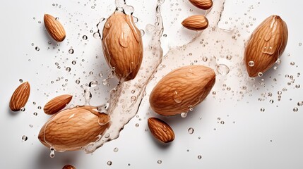 Fresh almond nuts with drops of water on a White background. Top view.