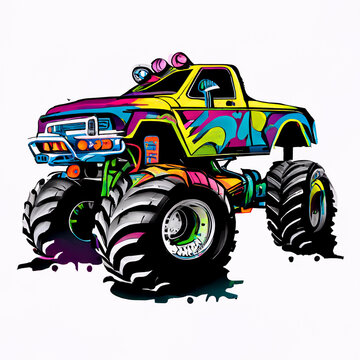 a close up of monster truck with colorful painted on it. generative ai.