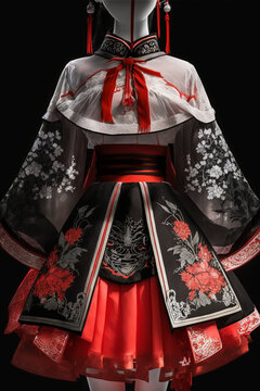 a close up of mannequine woman in dress with red ribbon. generative ai.