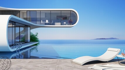 Futuristic modern villa pool on the sea