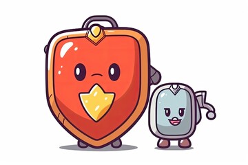 Character mascot on a white background, carrying an orange suitcase and a red metal shield. Generative AI