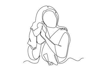 Single one line drawing woman drying his hair with towel. Bathroom activities concept. Continuous line draw design graphic vector illustration.
