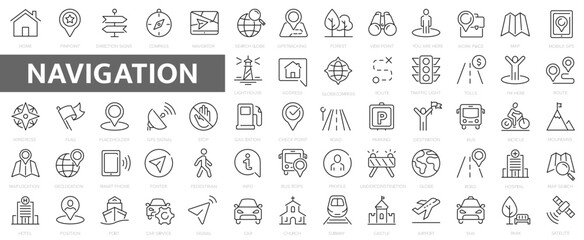 Fototapeta na wymiar Navigation and location icons set. Map pointer, location, map, compass simple line icon symbol. 