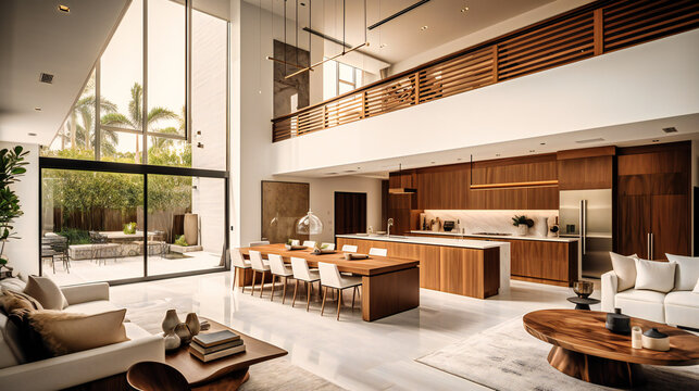An elegant image of a modern villa's interior, highlighting its spacious, open-concept design and seamless connection to nature