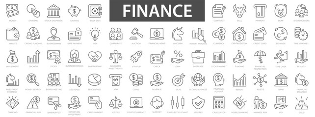 Finance icons set. Money, finance, payments, wallet, piggy, bank, check line icon. 