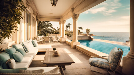 A remarkable image of a luxurious villa terrace, blending indoor and outdoor living with a stunning ocean backdrop
