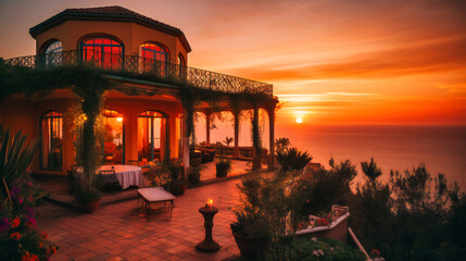 A mesmerizing image of a charming summer villa rental with a spacious terrace, showcasing a spectacular sunset over the ocean