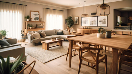 A refined image of a charming summer villa rental, highlighting a warm and inviting open-concept living space