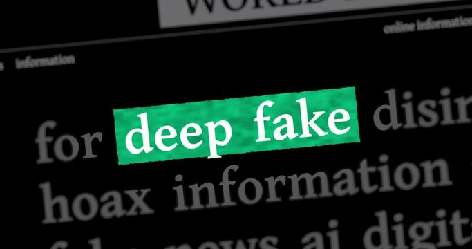 Deep fake hoax false and ai manipulation news titles across international web media search. Abstract concept of internet headline information on dynamic displays animation.