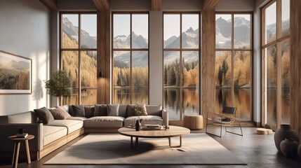 Fototapeta na wymiar Vacation lake luxury mountain house living room rustic. Generative AI 