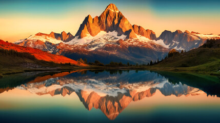 Fototapeta na wymiar A breathtaking mountain landscape featuring a pristine lake reflecting the warm colors of a sunset