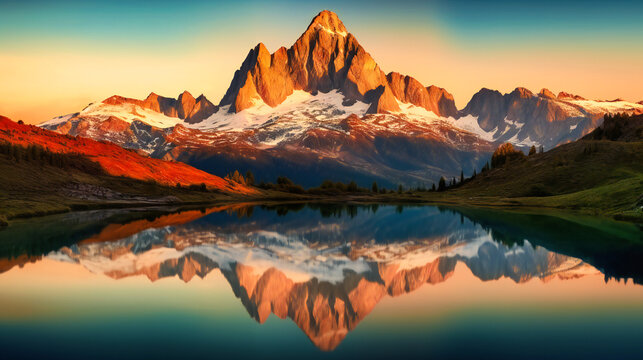 A breathtaking mountain landscape featuring a pristine lake reflecting the warm colors of a sunset © Nilima