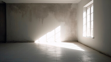 Empty, old and abandoned interior space, with shadows reflected by the bright daylight coming through the windows. Plaster walls aged by time. Generative AI