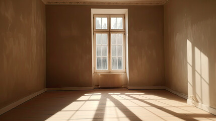 Obraz premium Empty, old and abandoned interior space, with shadows reflected by the bright daylight coming through the windows. Plaster walls aged by time. Generative AI