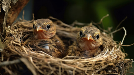 Naklejka na ściany i meble bird babies inside the nest in the forest
