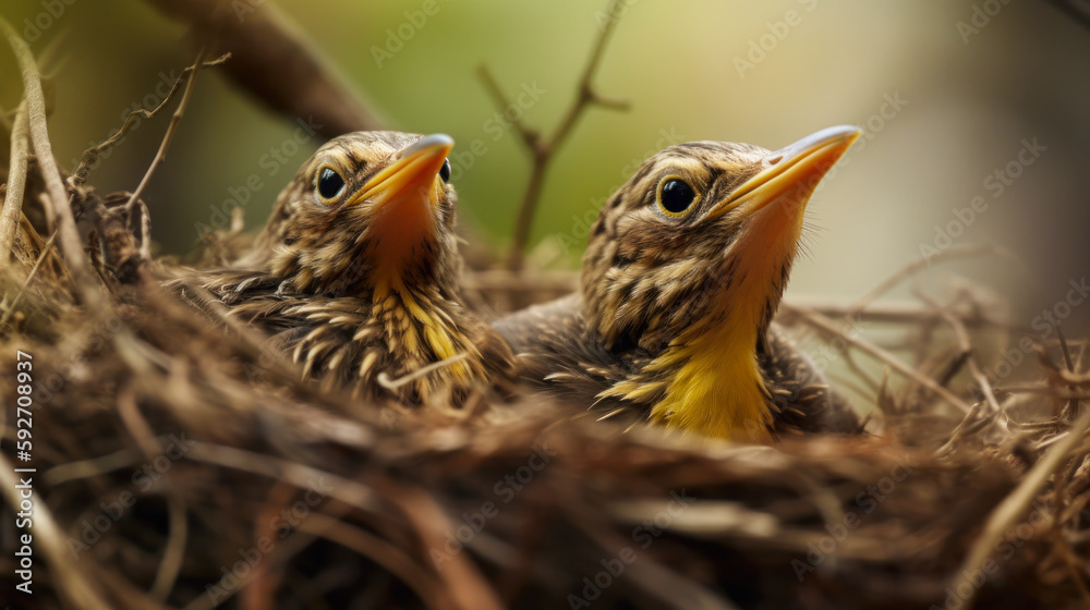 Wall mural bird babies inside the nest in the forest