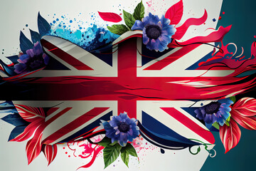 Creative british style background with flowers and united kingdom uk flag. Generative Ai