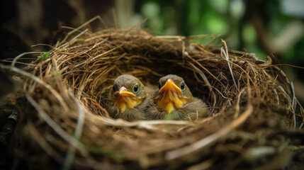 bird babies inside the nest in the forest