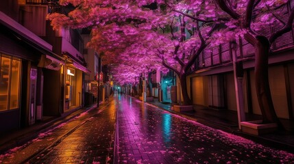 Obraz premium night in the city pink Sophora affinis Eve's Necklace japonica trees in japan