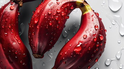 ripe tropical tasty red bananas with water drops on white background. Close up