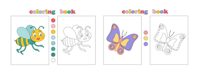 Fototapeta na wymiar Coloring book page template for kids. Cute hand drawn characters for coloring. Butterfly, bee. Coloring book with flower samples for youngest. Children Education. Vector