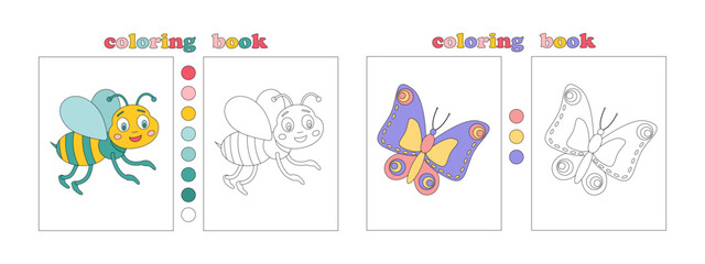 Fototapeta premium Coloring book page template for kids. Cute hand drawn characters for coloring. Butterfly, bee. Coloring book with flower samples for youngest. Children Education. Vector