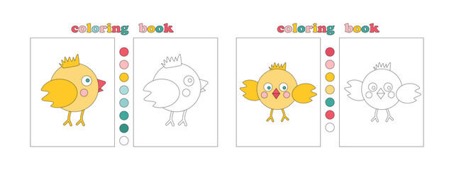 Fototapeta premium Coloring book page template for kids. Cute hand drawn characters for coloring. Funny yellow chickens. Coloring book with flower samples for youngest. Children Education. Vector illustration