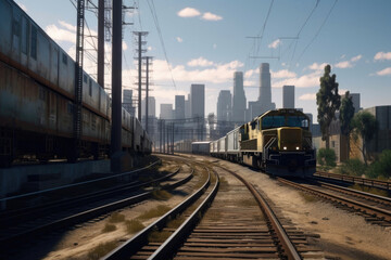 Naklejka na ściany i meble Train rushing through the big city. Generative AI