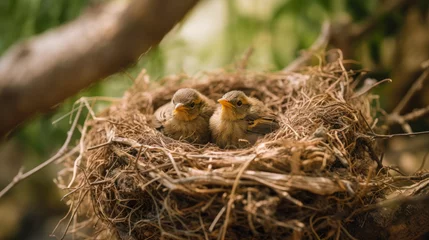 Schilderijen op glas bird babies inside the nest in the forest © PolacoStudios