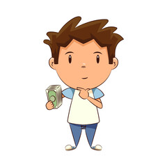 Child thinking holding money