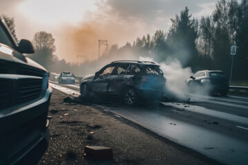 Fototapeta na wymiar Damaged vehicle close up after car crash. A terrible accident. Generative AI