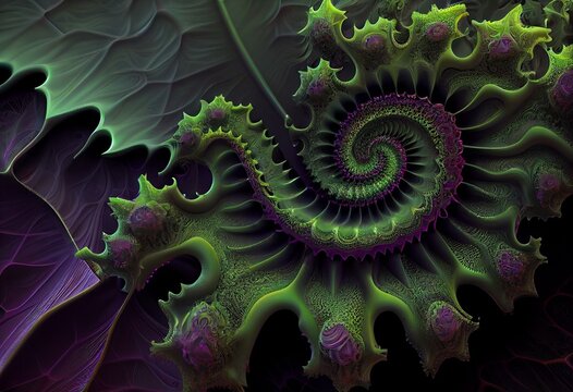 Green Purple Abstract Computer generated Fractal design. Fractals are infinitely complex patterns that are self-similar across different scales. Great for cell phone wall paper. Images. Generative AI