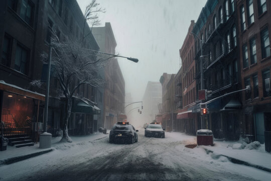 Snow storm in big city. Generative AI