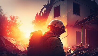 Fototapeta premium firefighter man with fire in bakcground