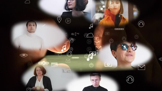 Against the background of male fingers using a smartphone, oval windows with portraits of people of different ages and professions rotate. Computer graphics and double exposure